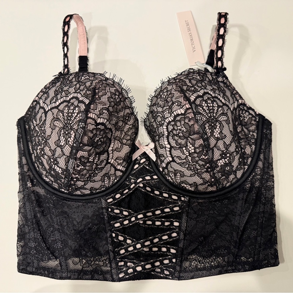NWT Victoria's Secret Black Pink Lace
Bustier Corset Bra Size S-DD